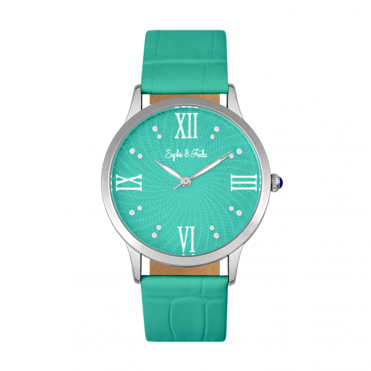 Sophie & Freda Sonoma Leather-Band Watch w/Swarovski Crystals - Silver/Teal