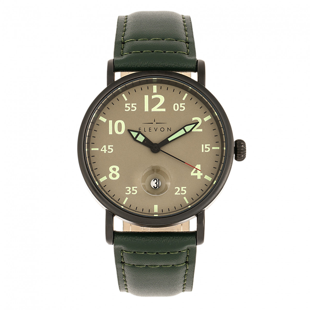 Elevon Von Braun Leather-Band Watch w/Date - Gunmetal/Green