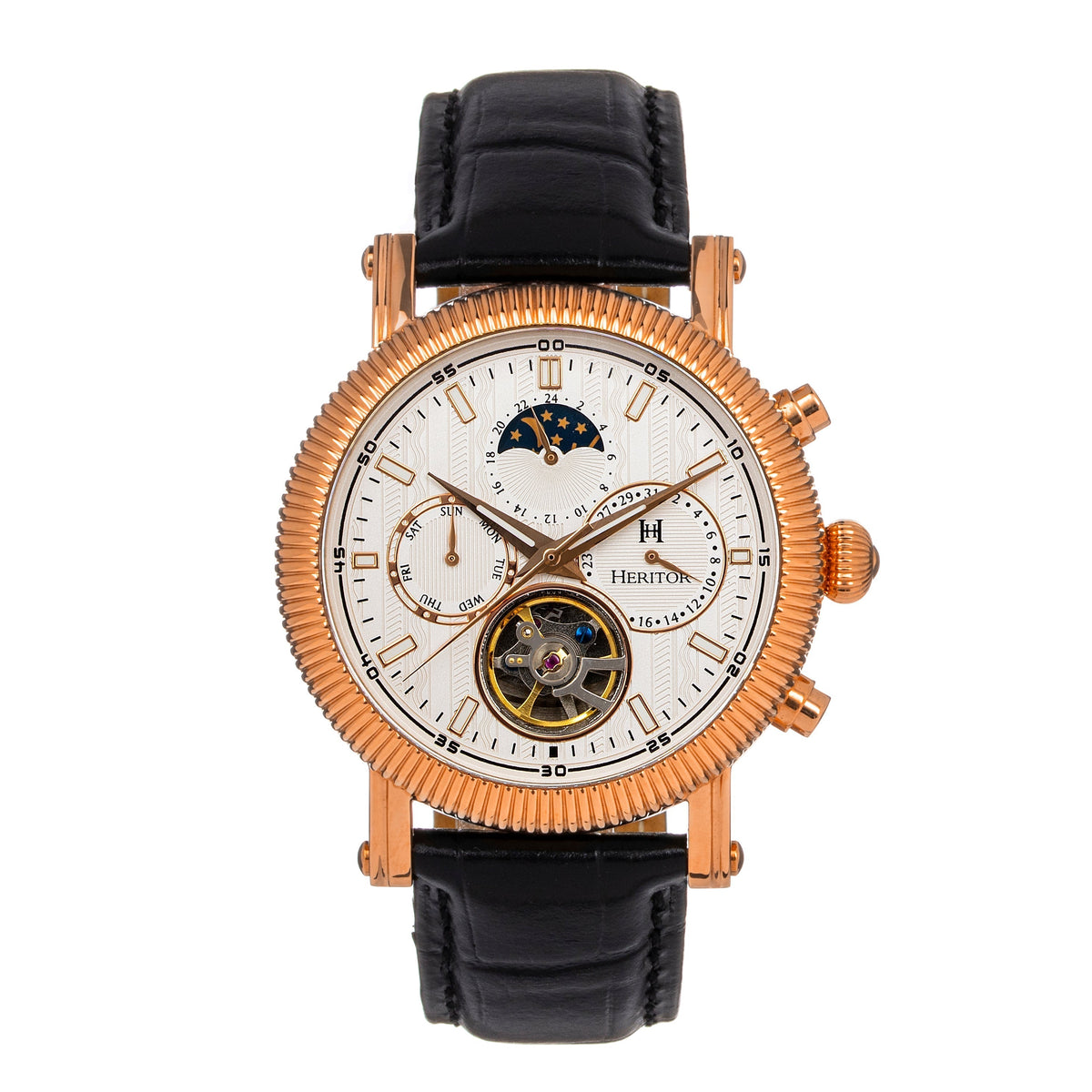 Heritor Automatic Barnsley Semi-Skeleton Leather-Band Watch - Rose Gold/White