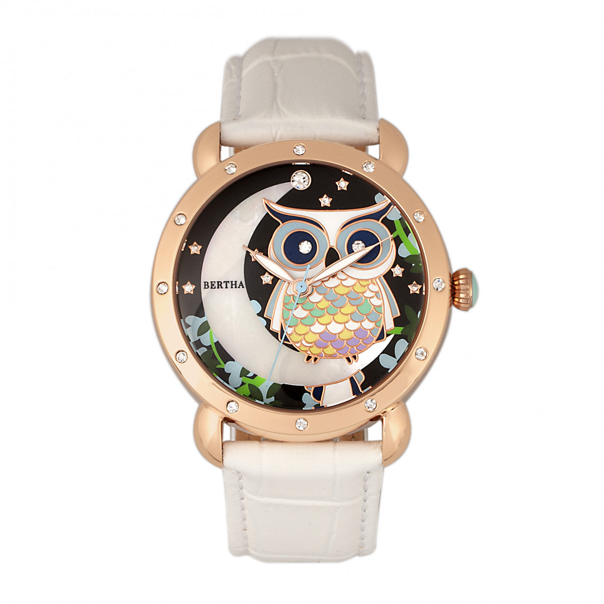 Bertha Ashley MOP Leather-Band Ladies Watch - Rose Gold/White