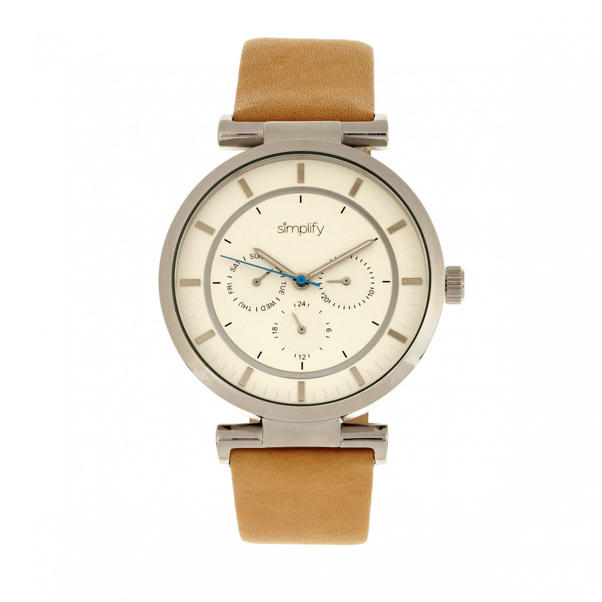 Simplify The 4800 Leather-Band Watch w/Day/Date - Khaki/Silver