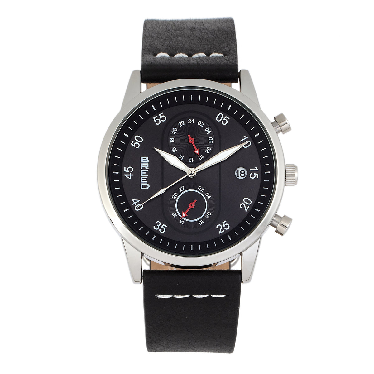 Breed Andreas Leather-Band Watch w/ Date - Silver/Black