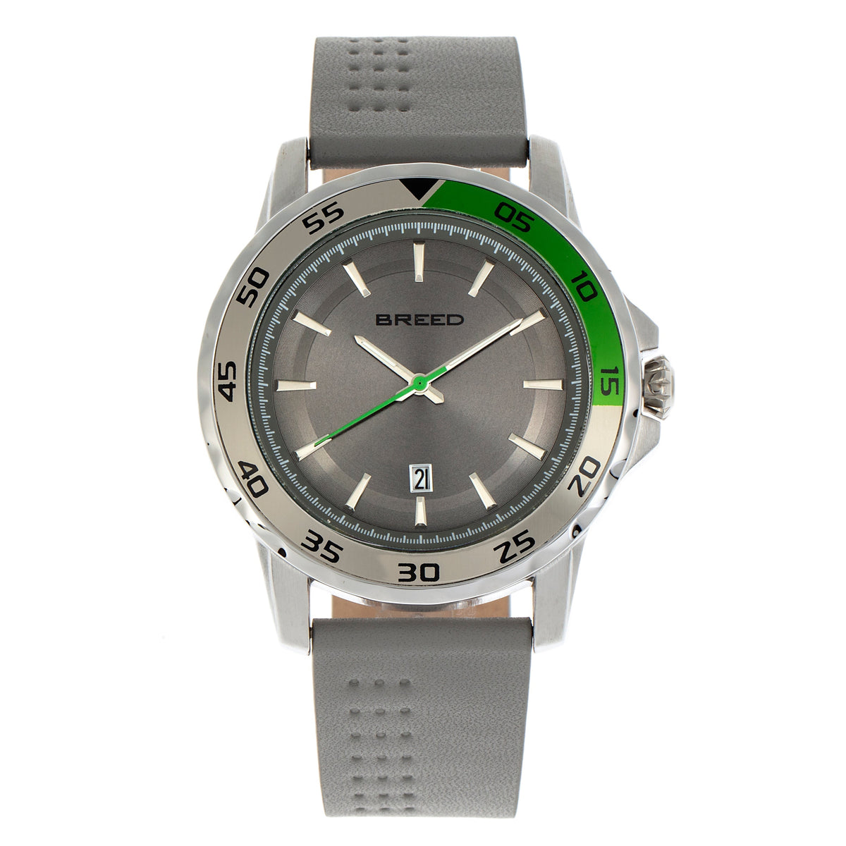 Breed Revolution Leather-Band Watch w/Date - Light Grey