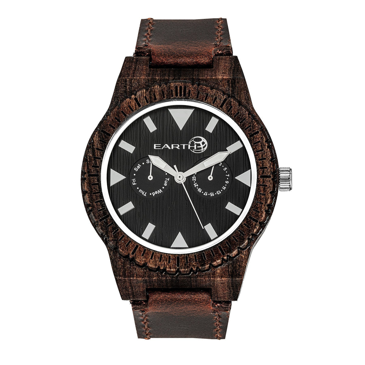 Earth Wood Hyperion Leather-Band Watch w/Day/Date - Dark Brown