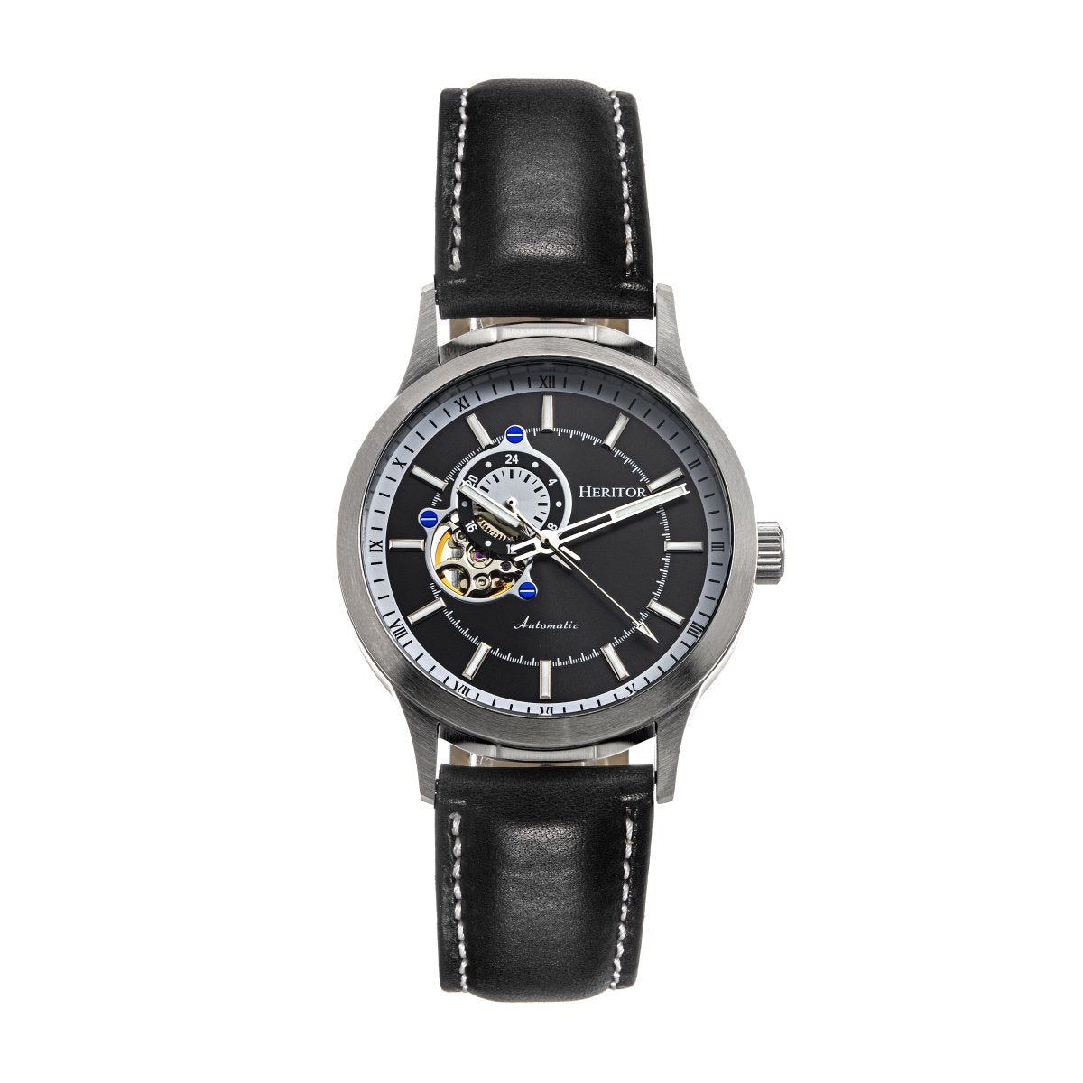 Heritor Automatic Oscar Semi-Skeleton Leather-Band Watch