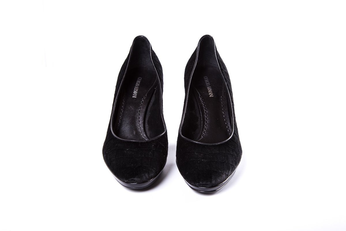 Giorgio Armani Black Velvet Embossed Wedge SZ 38.5 sale