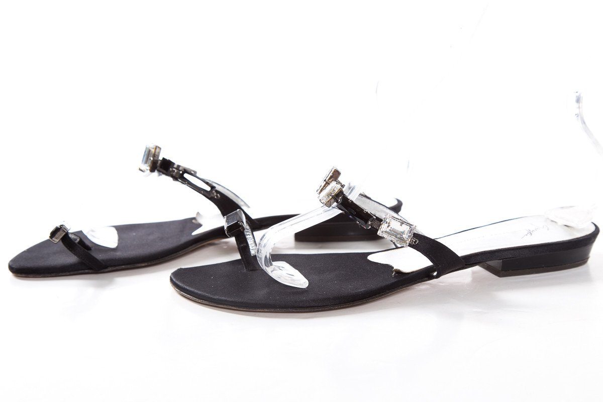 Giuseppe Zanotti Black Satin Flat Rhinestone Sandals SZ 40