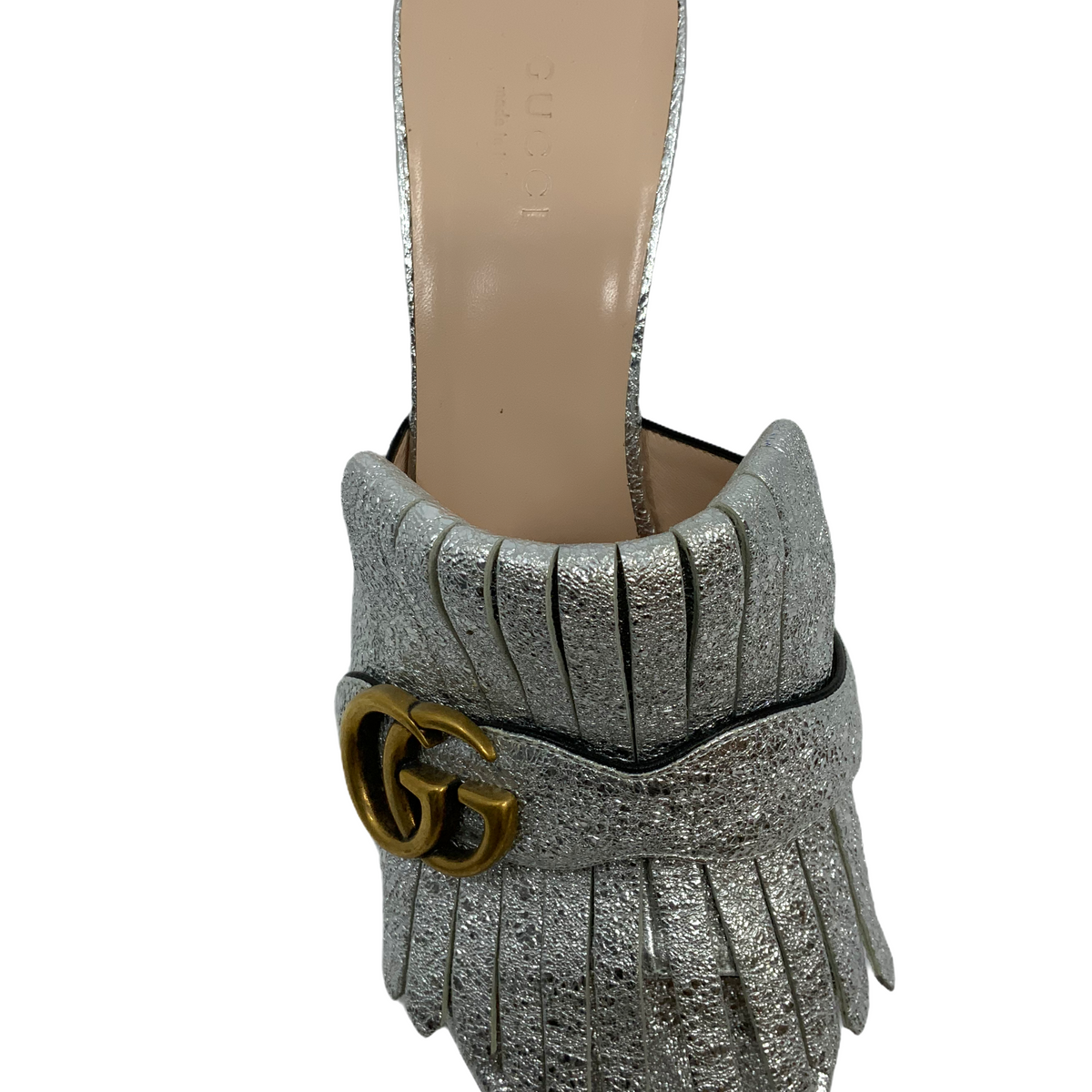 Gucci Marmont GG Metallic Foil Leather Fringe Mules Size 9.5