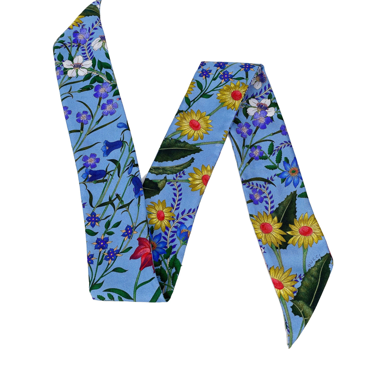 Gucci Blue & Floral Silk Twilly Scarf