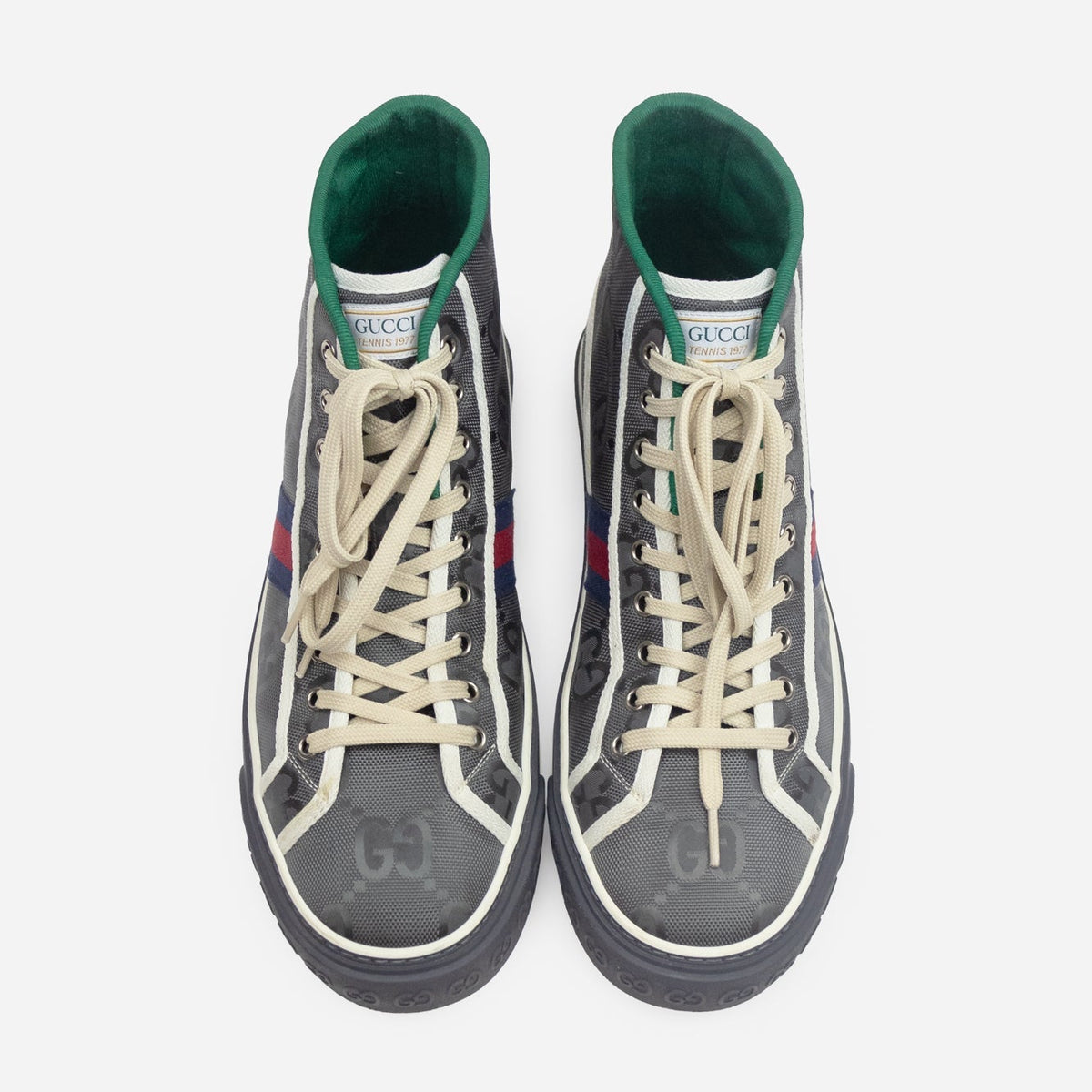 Dark Grey Monogram HighTop Sneakers Blue/Red Gucci Stripe