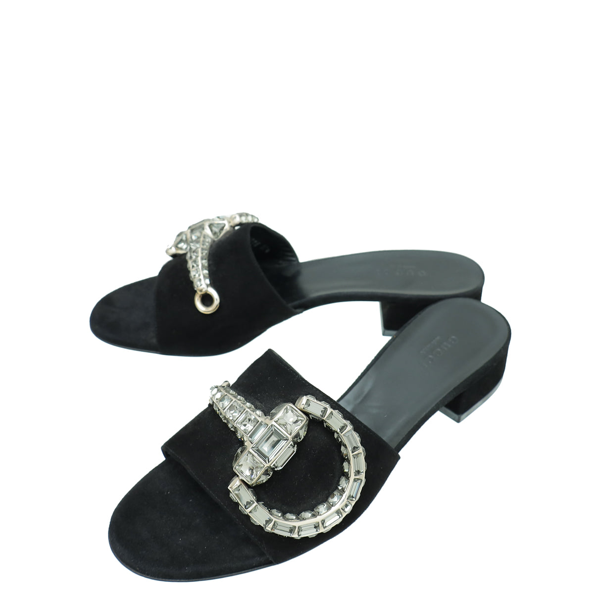 Gucci Black Suede Maxime Crystal Horsebit Slide Sandals 37.5