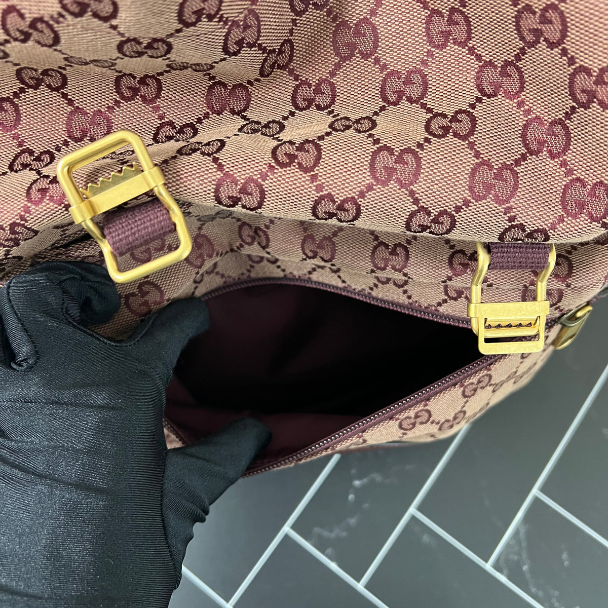 BRAND NEW Gucci Burgundy Canvas Double Side Pouch Backpack