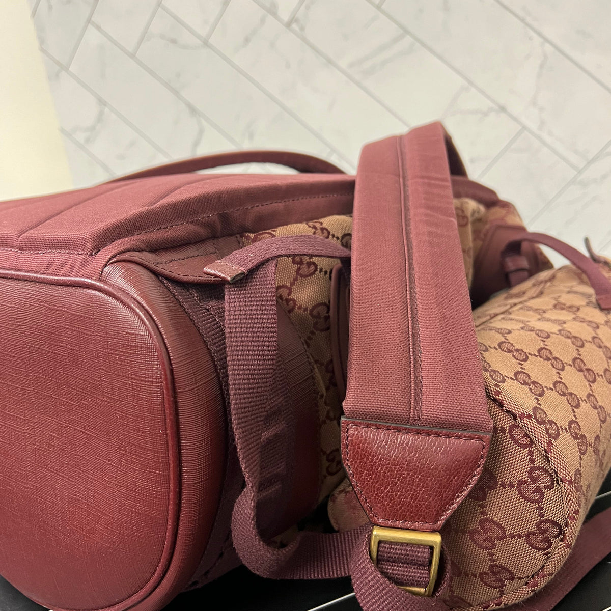 BRAND NEW Gucci Burgundy Canvas Double Side Pouch Backpack