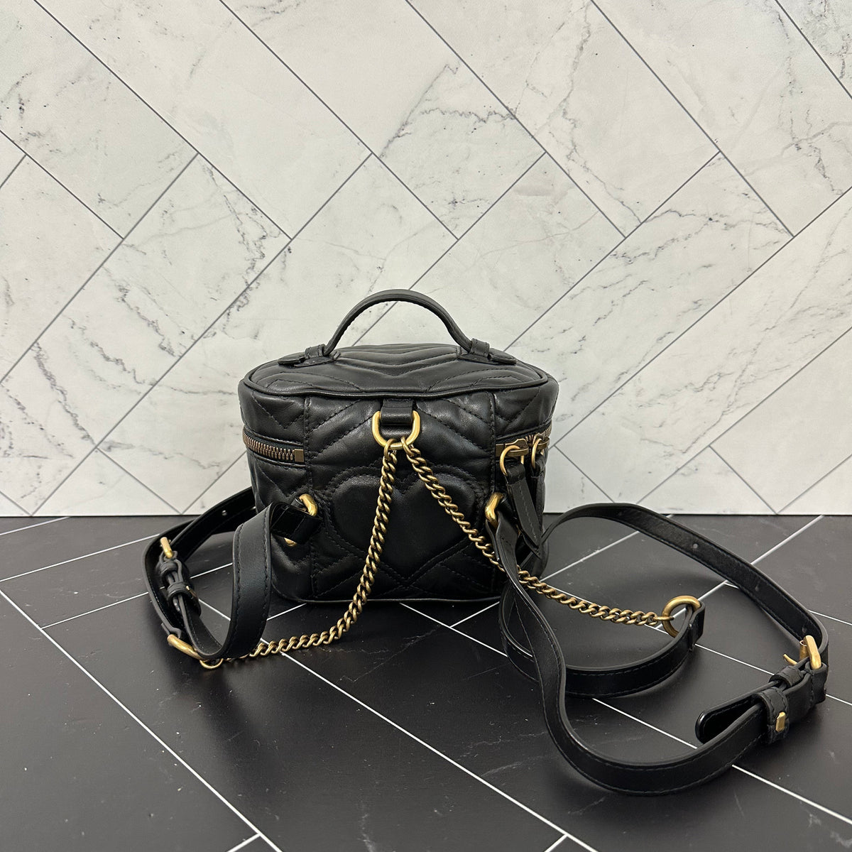 Gucci GG Marmont Black Leather Chevron Mini Backpack