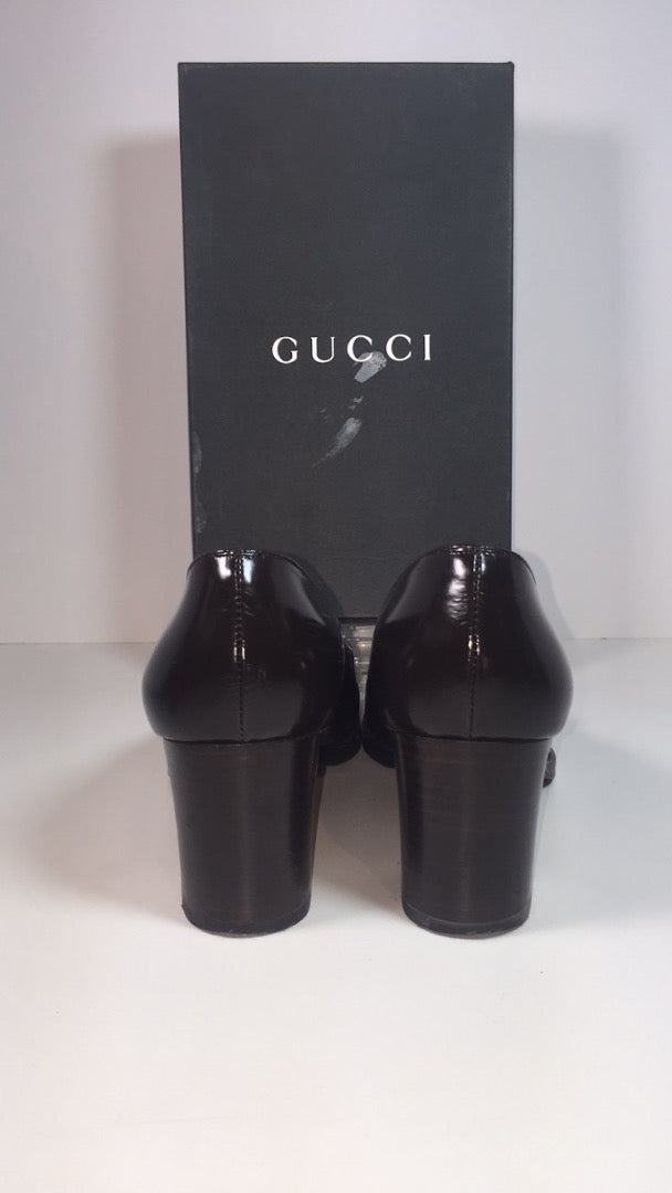 GUCCI Brown Patent Leather Gold Logo Block Heel With Box Size 7 1/2