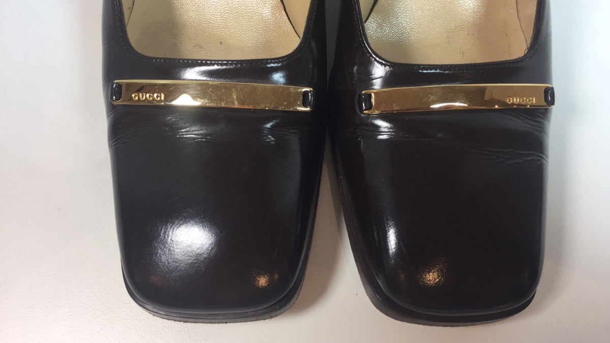 GUCCI Brown Patent Leather Gold Logo Block Heel With Box Size 7 1/2