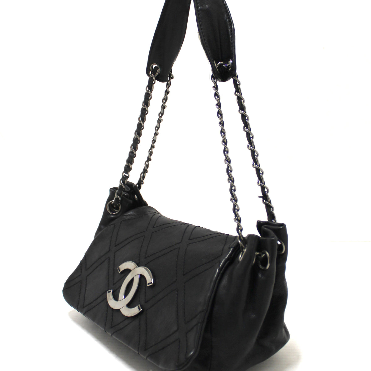 Chanel Black Diamond Stitch Accordion Flap Shoulder Bag