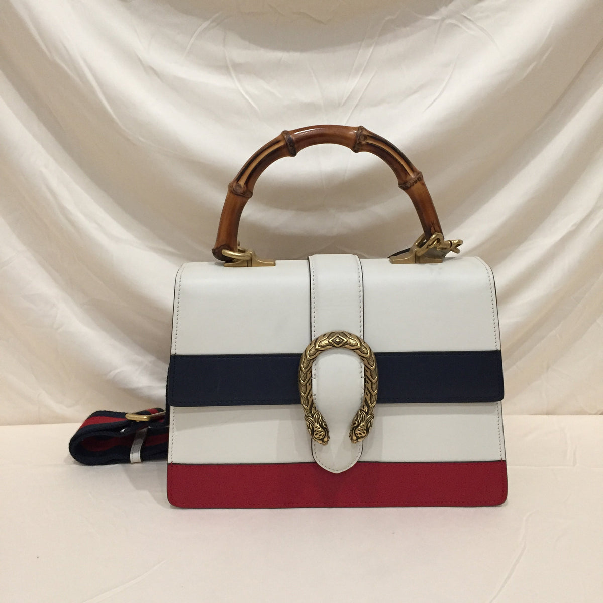 Gucci White Navy Red Calfskin Bamboo Dionysus Shoulder Bag Sku# 71927