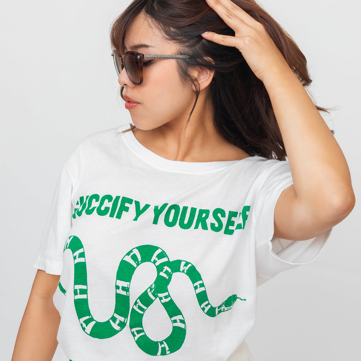 White and Green Guccify Yourself Printed Crew Neck T-Shirt