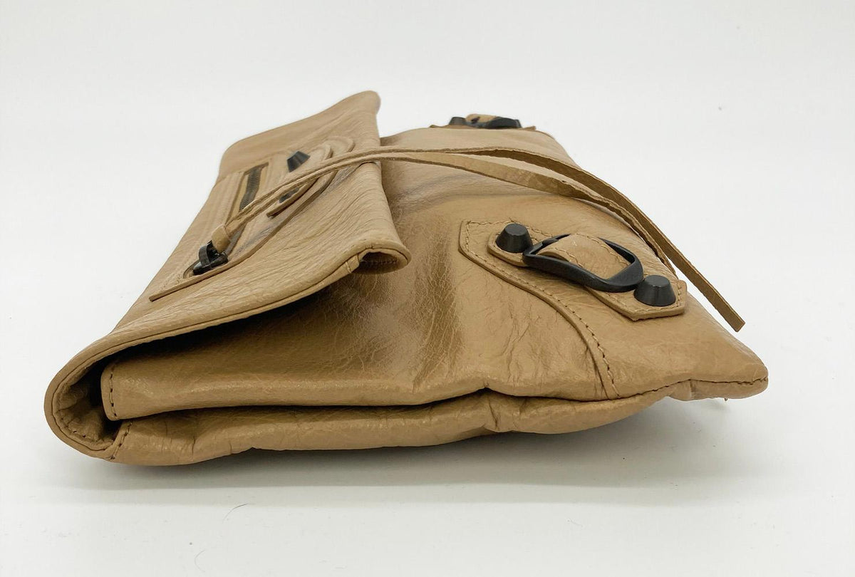 balenciaga Tan Leather City Envelope Clutch with Mirror