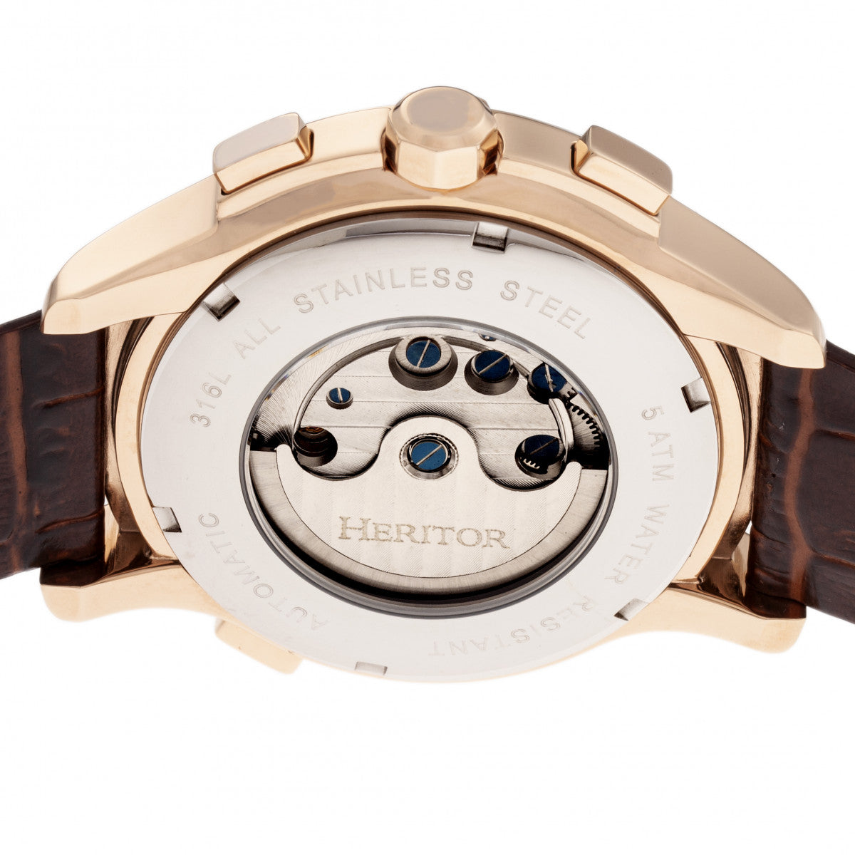 Heritor Automatic Hudson Semi-Skeleton Leather-Band Watch w/Day/Date - Brown/Rose Gold