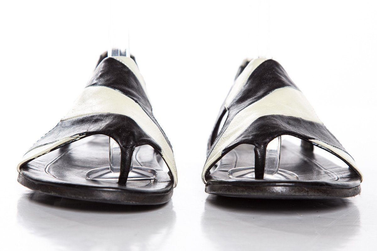 Marsell Black & Ivory Striped Leather Flat Sandals SZ 35.5
