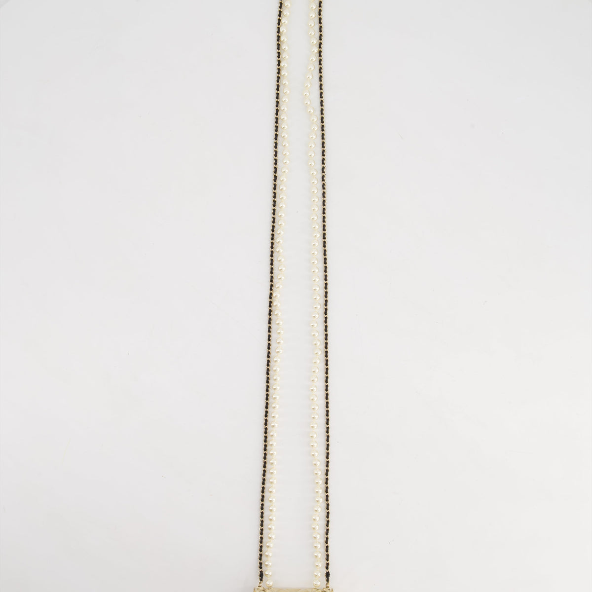 *RARE* Top Quality Chanel 21S Champagne Gold Bag Charm Necklace with White Pearls & Black Leather Chain Detail