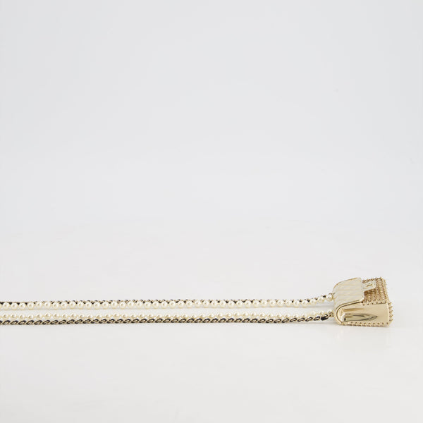 *RARE* Top Quality Chanel 21S Champagne Gold Bag Charm Necklace with White Pearls & Black Leather Chain Detail