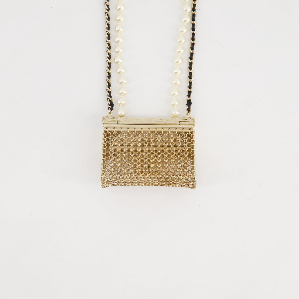 *RARE* Top Quality Chanel 21S Champagne Gold Bag Charm Necklace with White Pearls & Black Leather Chain Detail
