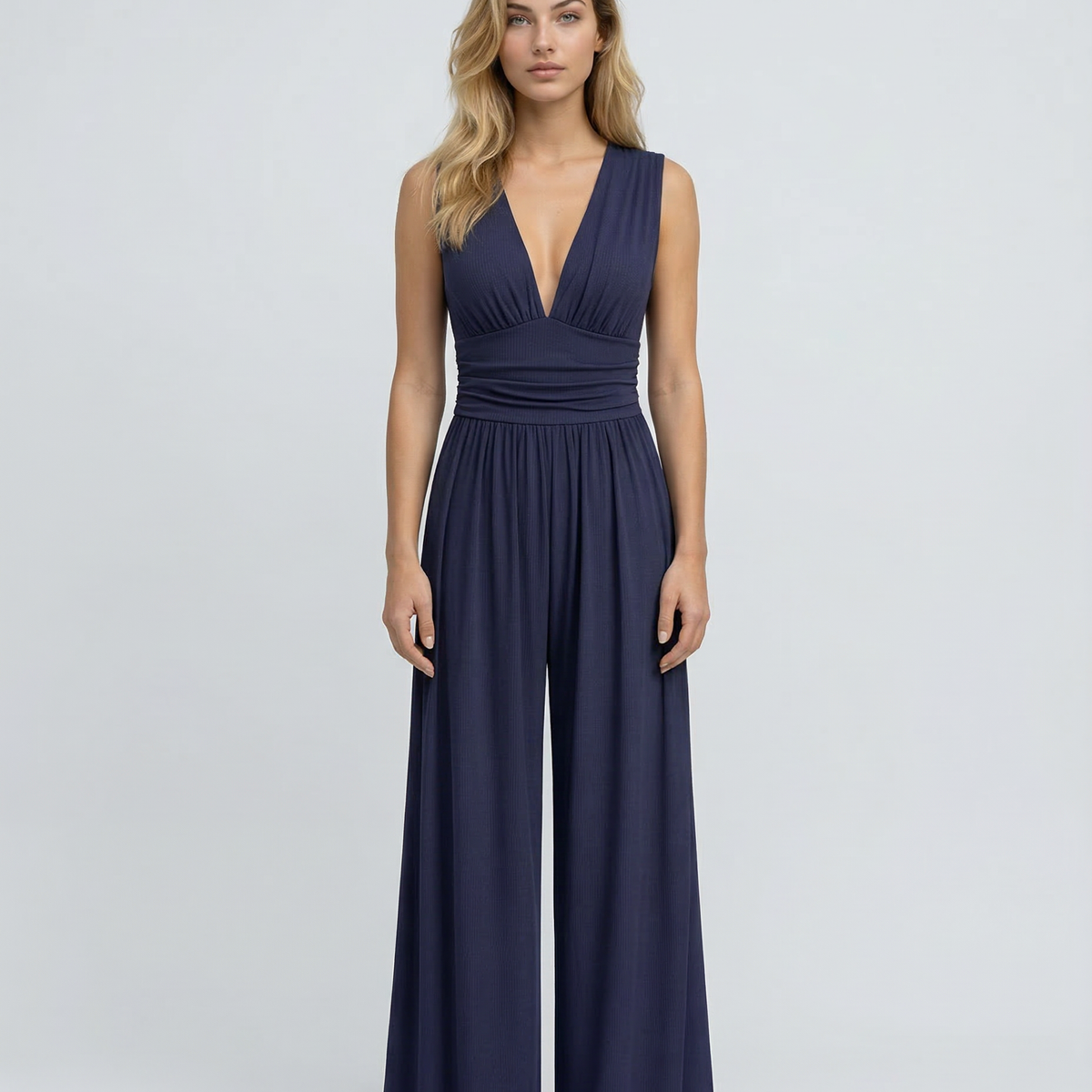Eleanor | V-neck Ruched Solid Wide Leg Jumpsuit