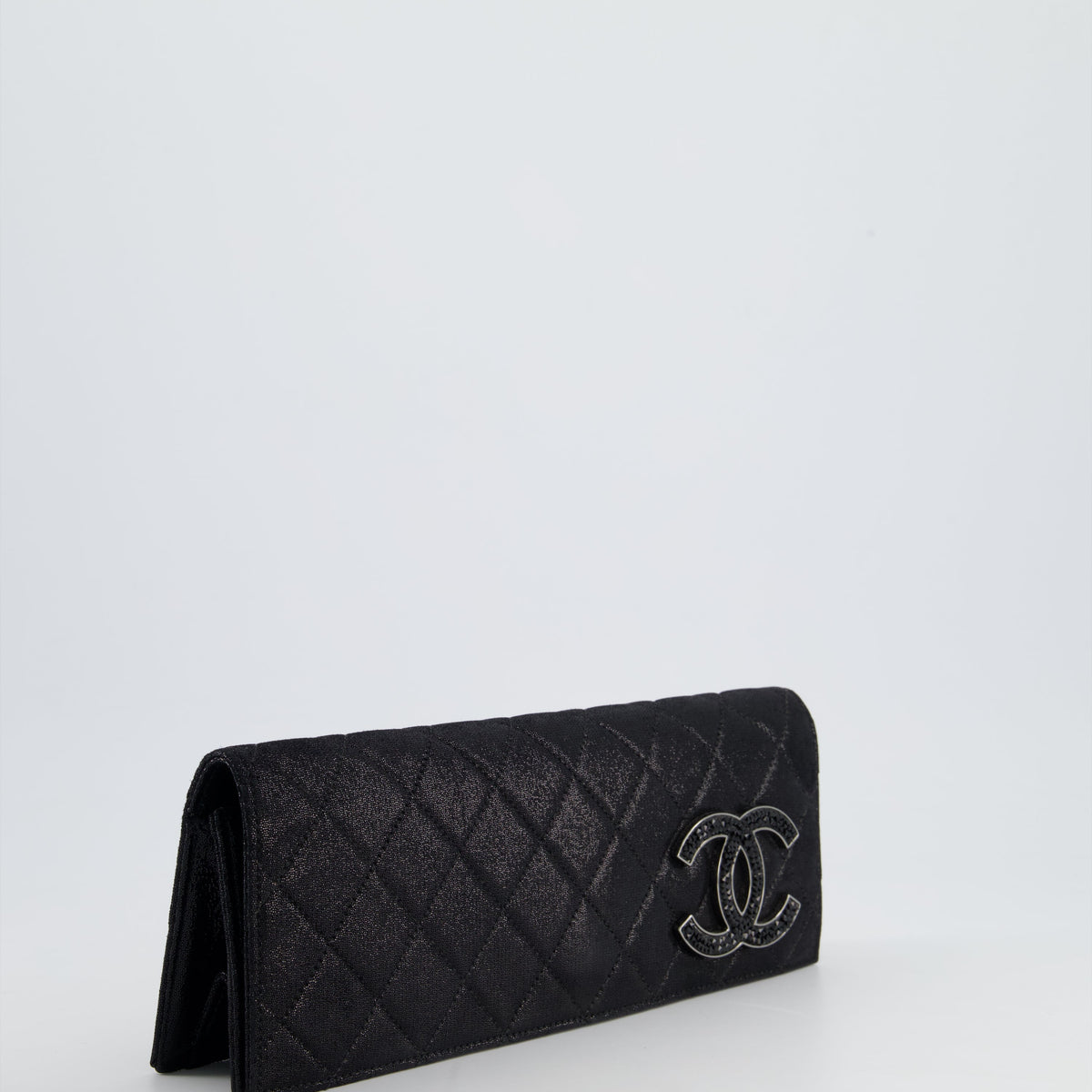 *HOT* Chanel Black Shiny Quilted Long Clutch in Coated Calfskin with Silver Hardware and Crystal CC Detail