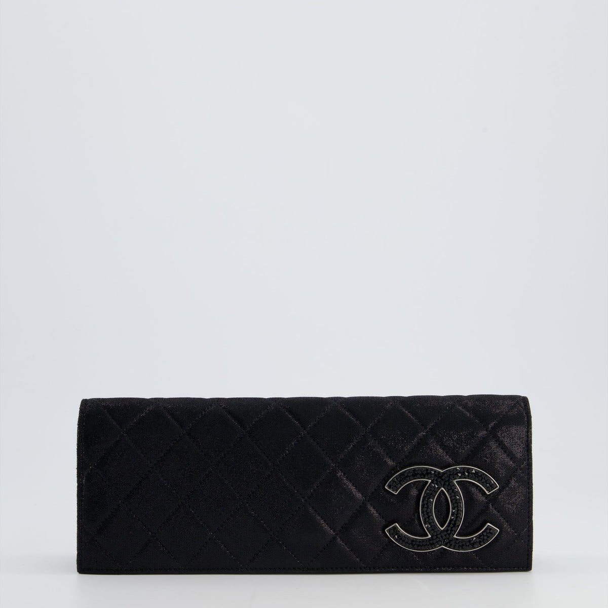 *HOT* Chanel Black Shiny Quilted Long Clutch in Coated Calfskin with Silver Hardware and Crystal CC Detail