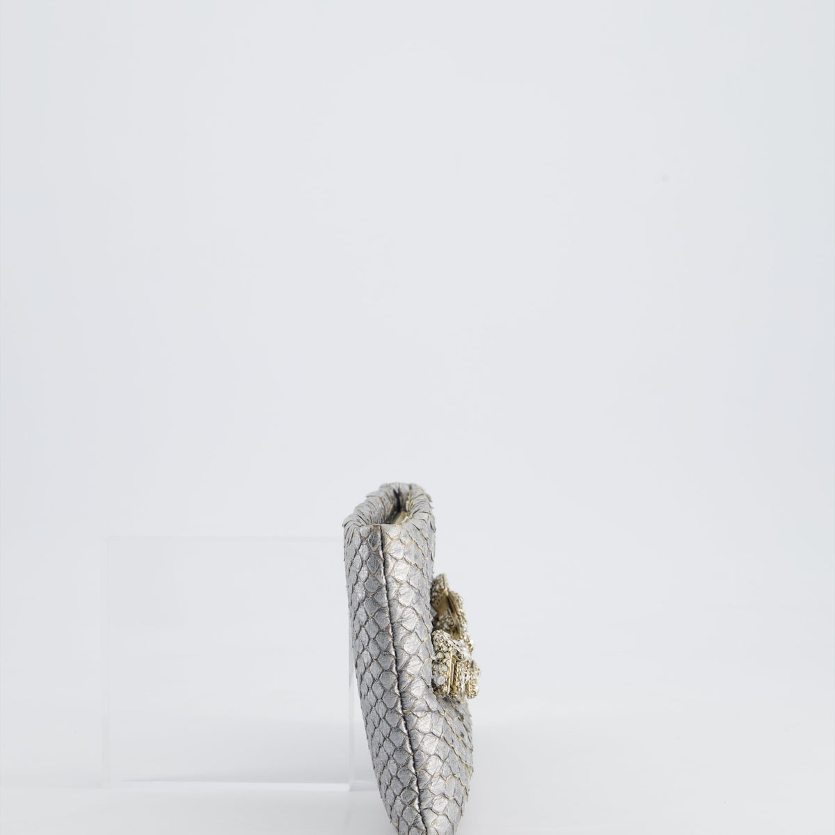 *RARE* Chanel Metallic Silver Paris Bombay Clutch in Python Leather and Antique Gold Hardware with Embellished Crystals