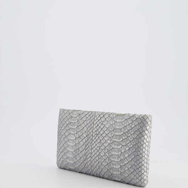 *RARE* Chanel Metallic Silver Paris Bombay Clutch in Python Leather and Antique Gold Hardware with Embellished Crystals