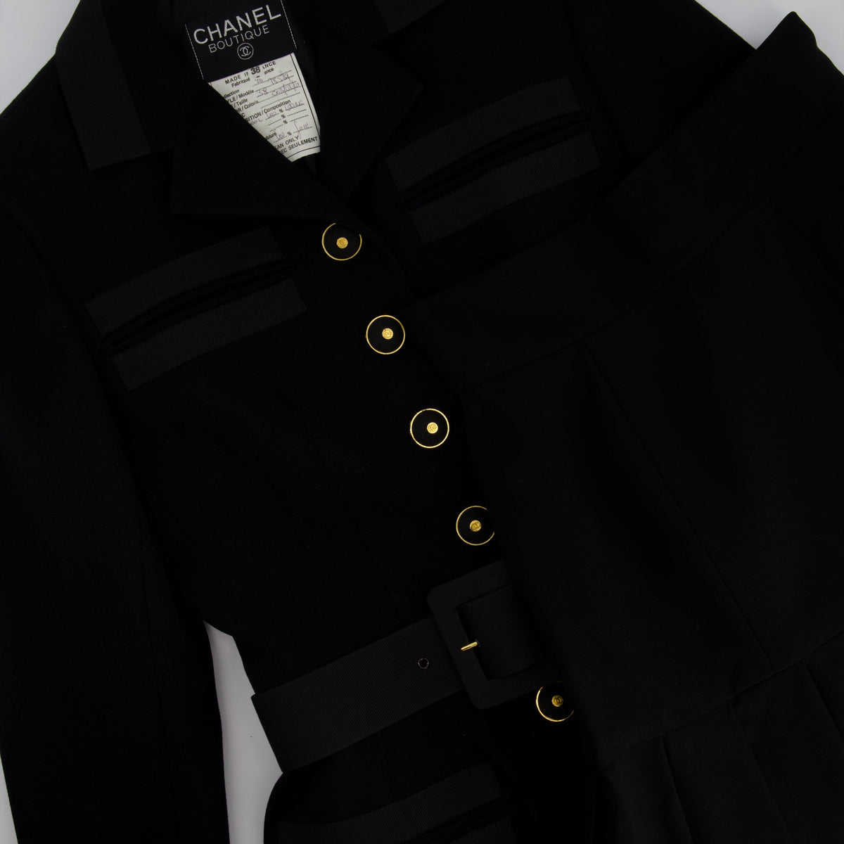 Chanel Black Wool Blazer Jacket and Pleated Mini Skirt Set With Belt and CC Logo Detail Buttons Size FR 38 (UK 10)