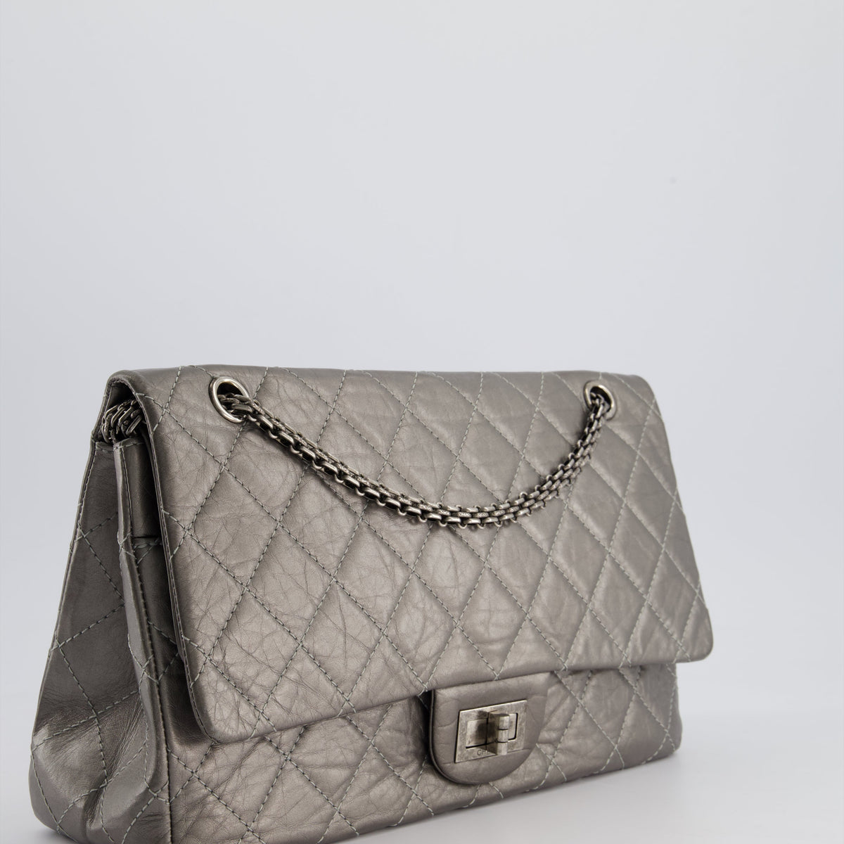 Chanel 2.55 Jumbo Reissue Bag in Metallic Grey Crumpled Calfskin Leather With Gunmetal Hardware