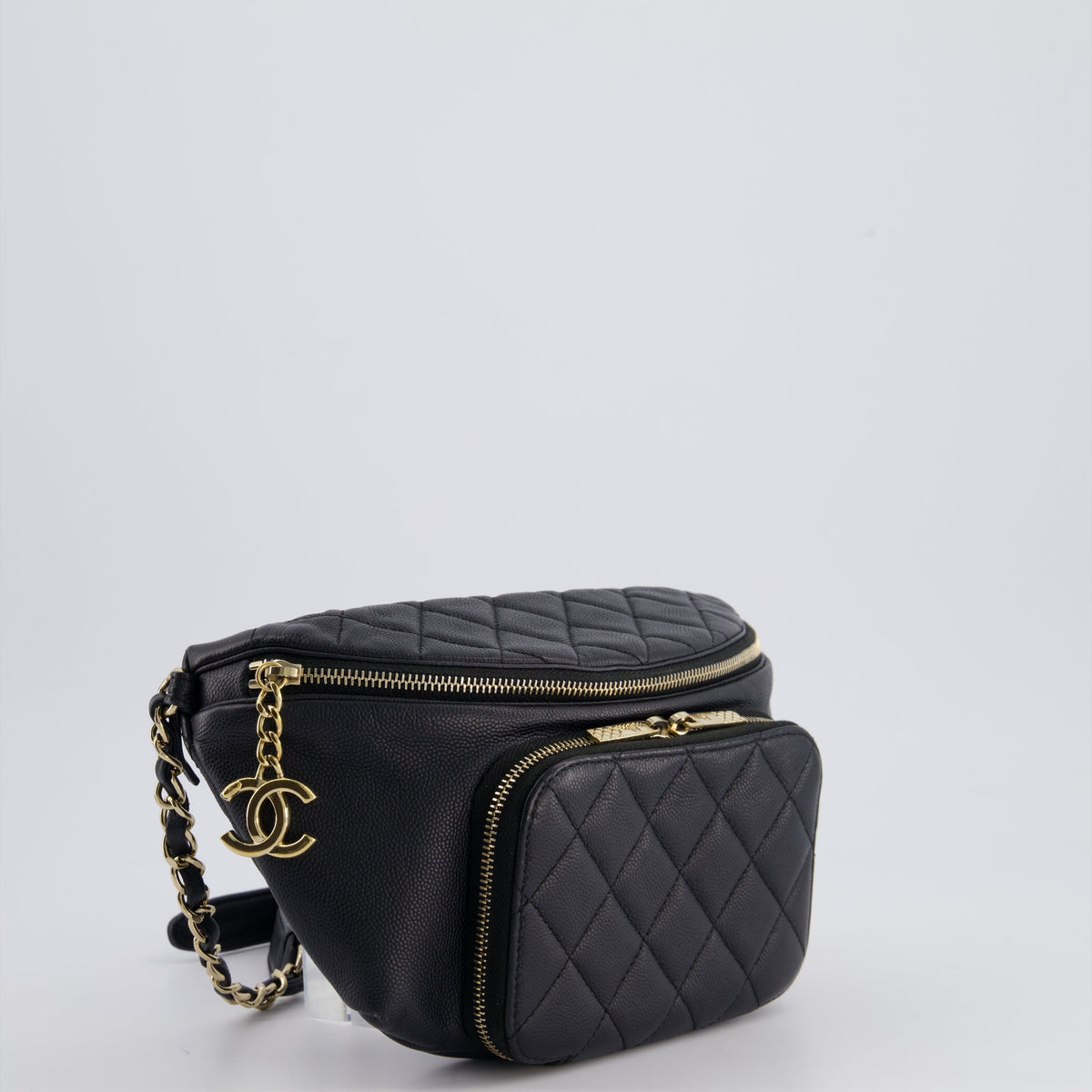 Chanel Black Quilted Business Affinity Bum Bag in Caviar Leather with Champagne Gold Hardware and Logo Zip