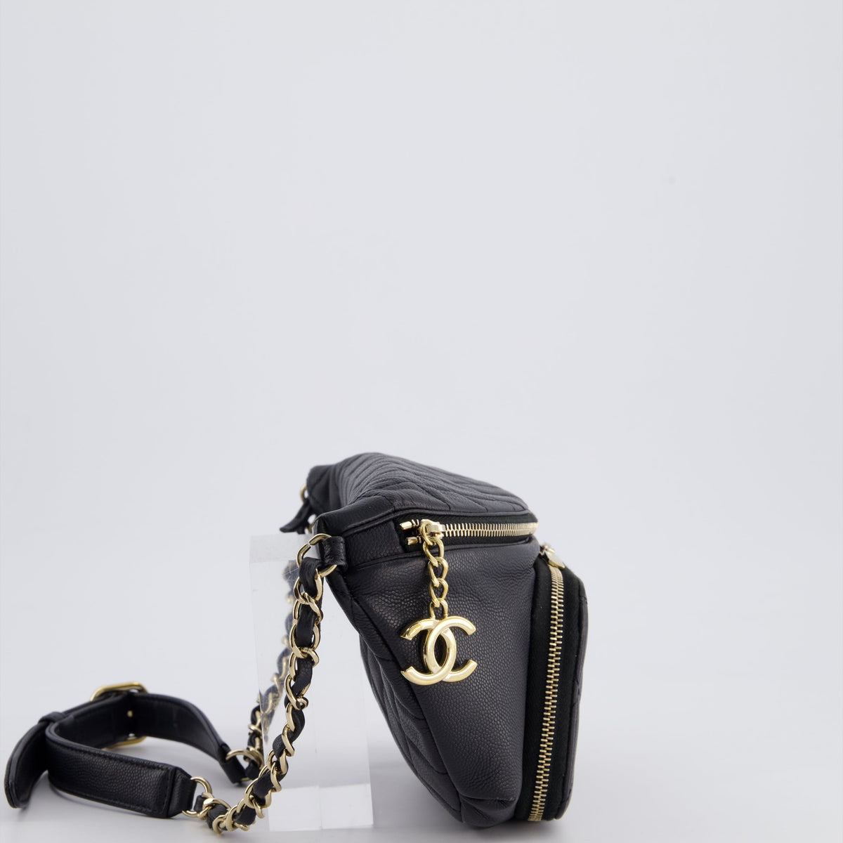 Chanel Black Quilted Business Affinity Bum Bag in Caviar Leather with Champagne Gold Hardware and Logo Zip