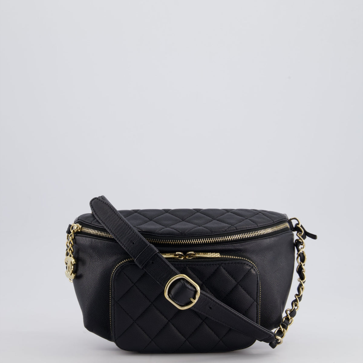 Chanel Black Quilted Business Affinity Bum Bag in Caviar Leather with Champagne Gold Hardware and Logo Zip