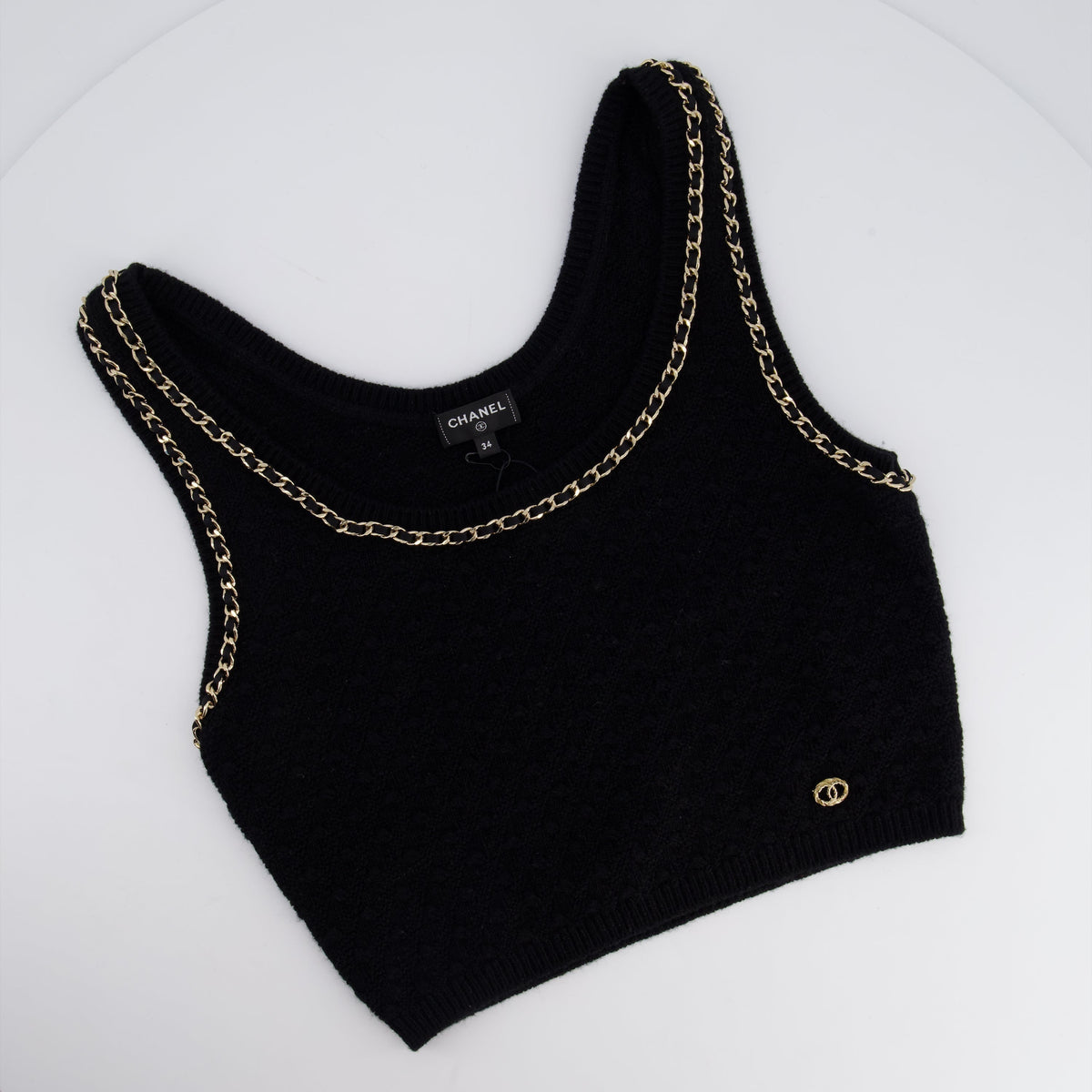Chanel 23B Black Cashmere Knit Tank Top with Gold Chain and Logo Detail Size FR 34 (UK 6) RRP ¬£2150
