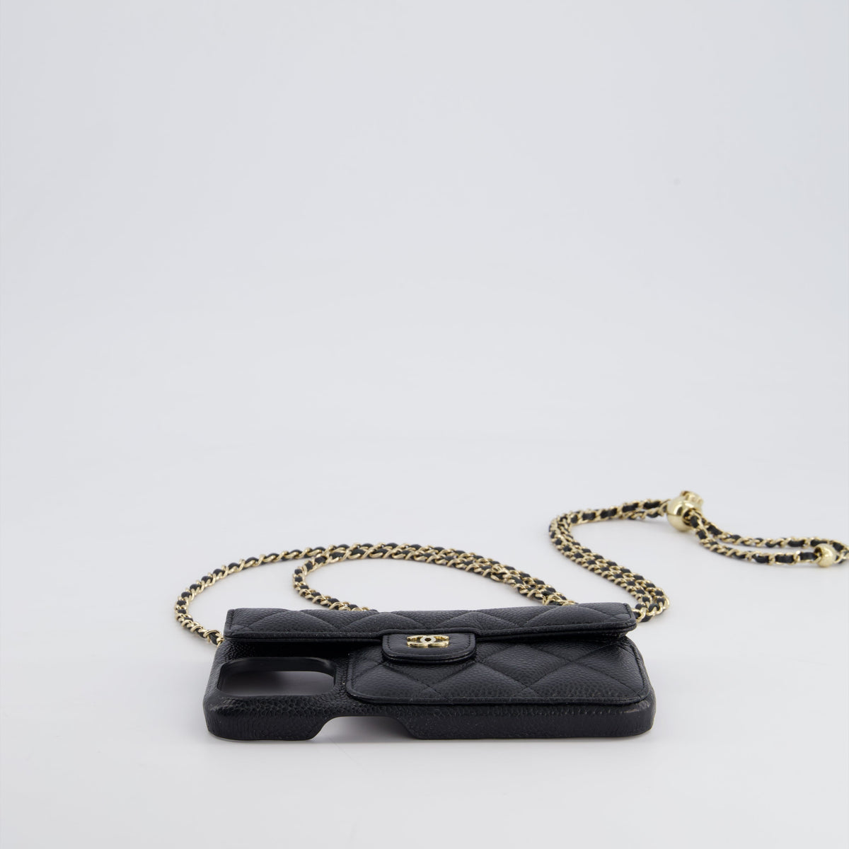 Chanel Black Caviar Cross-Body Phone Case with Champagne Gold Hardware For iPhone 15 Pro Max
