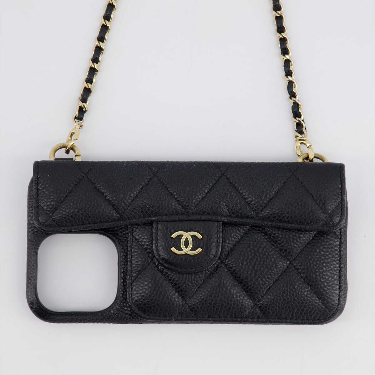 Chanel Black Caviar Cross-Body Phone Case with Champagne Gold Hardware For iPhone 15 Pro Max