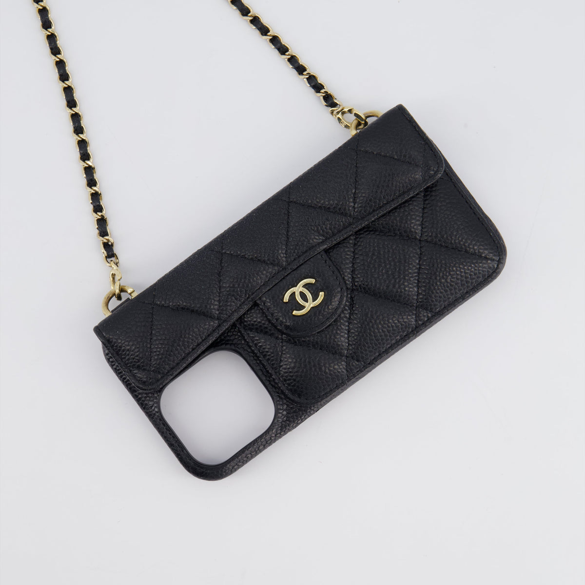 Chanel Black Caviar Cross-Body Phone Case with Champagne Gold Hardware For iPhone 15 Pro Max