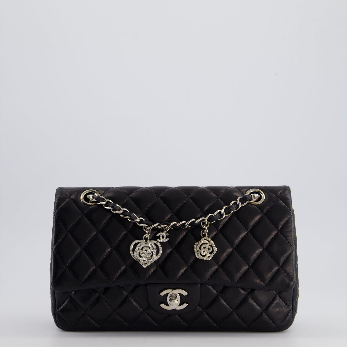 Chanel Black Medium Single Flap Bag with Camelia Crystal Charm Detail Lambskin Leather Silver Hardware