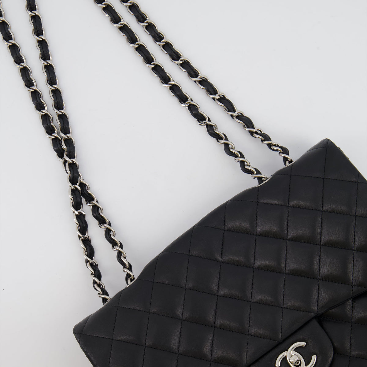 Chanel Black Jumbo Classic Single Flap Bag in Lambskin Leather with Silver Hardware