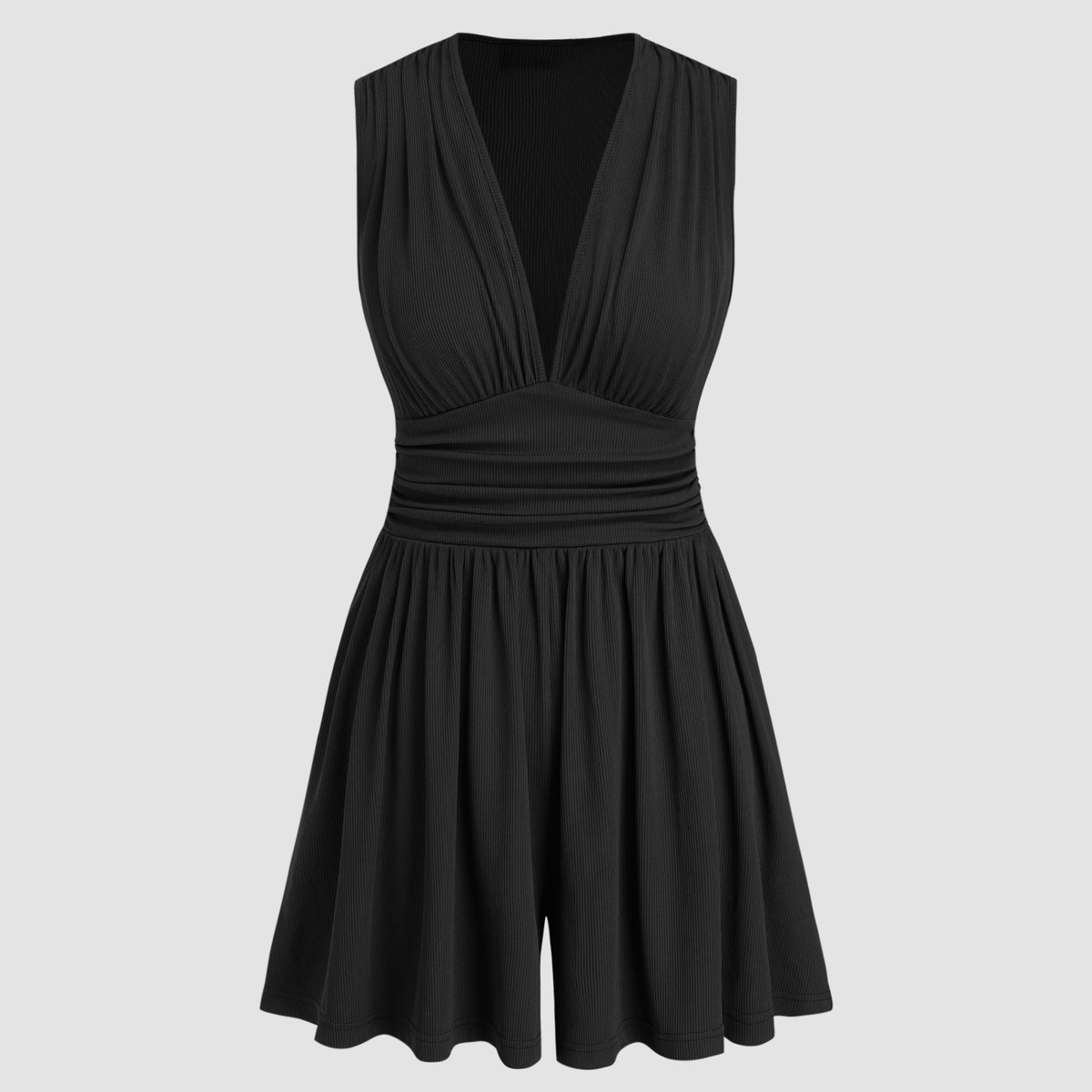 Kylie | V-neck Solid Ruched Pocket Romper
