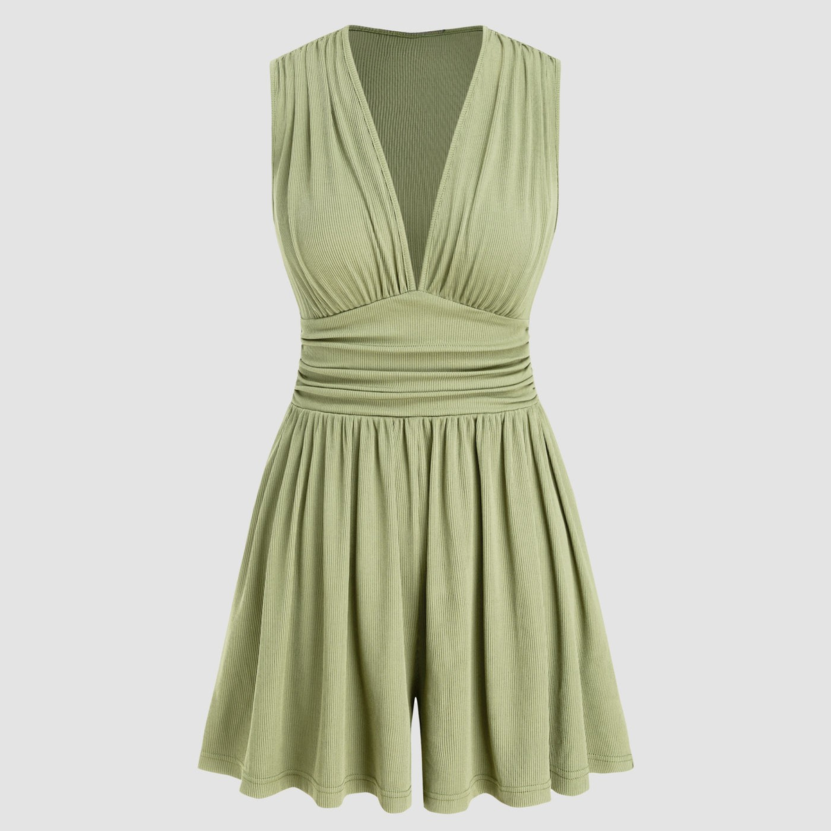 Kylie | V-neck Solid Ruched Pocket Romper