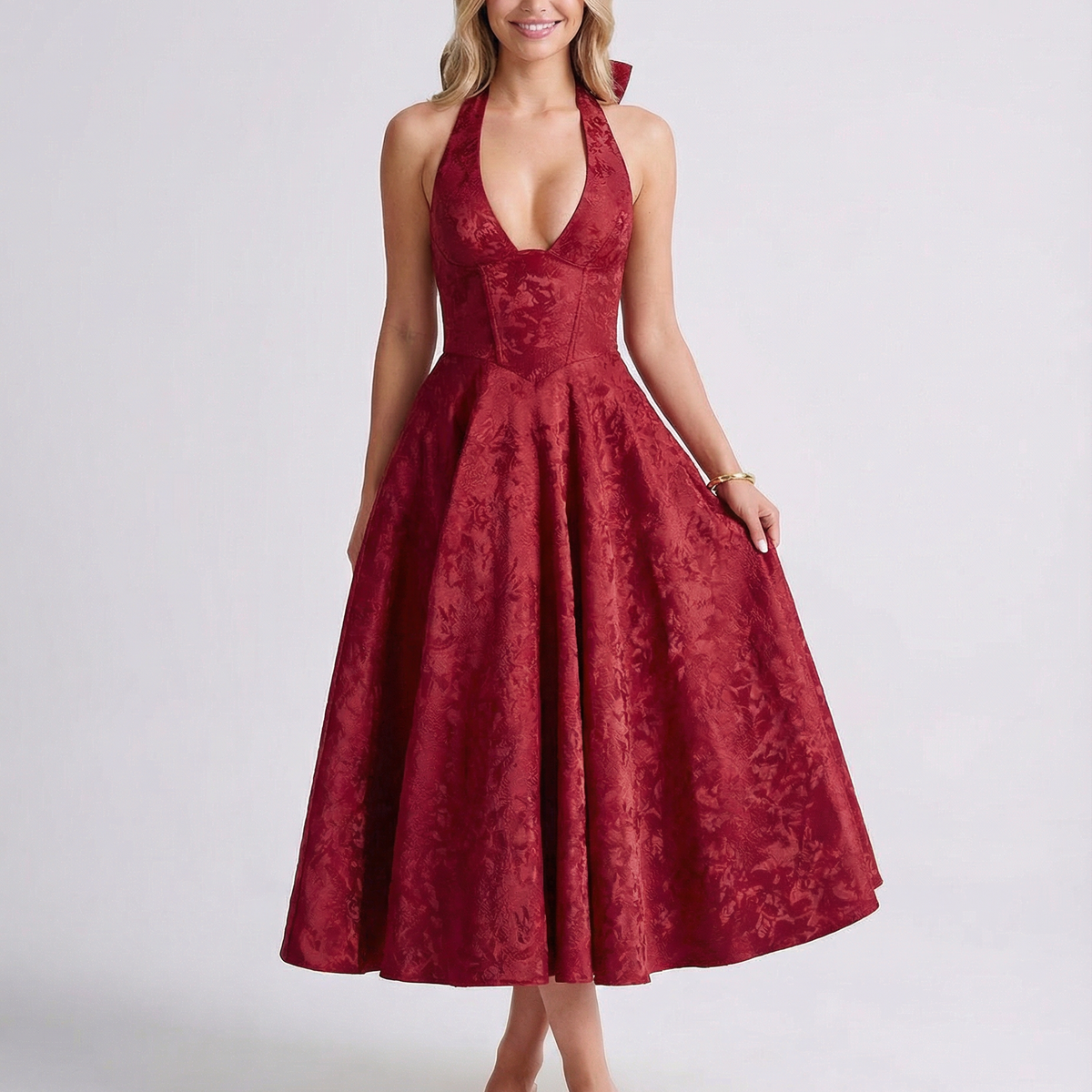 Sheryl | Midi Dress with Halter Neck and Jacquard Finish