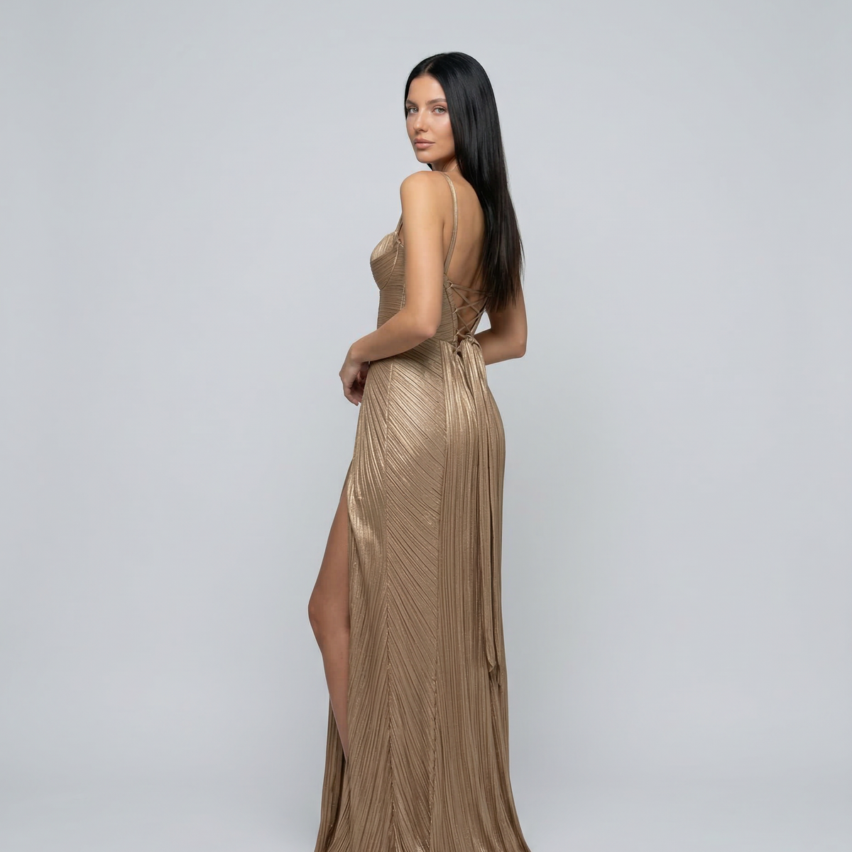 Stella | Gold Glossy Pleated Corset Maxi Dress