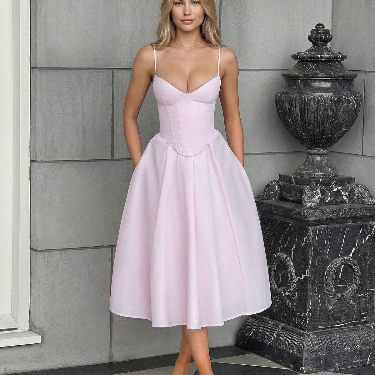 Maya | Flared Skirt Corset Midi Dress